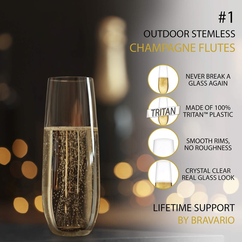 Bravario Plastic Champagne Flutes, Heavy Duty Unbreakable Stemless Tritan Glasses, BPA-free, Reusable, 8.5 oz, Set of 8 - Image 4